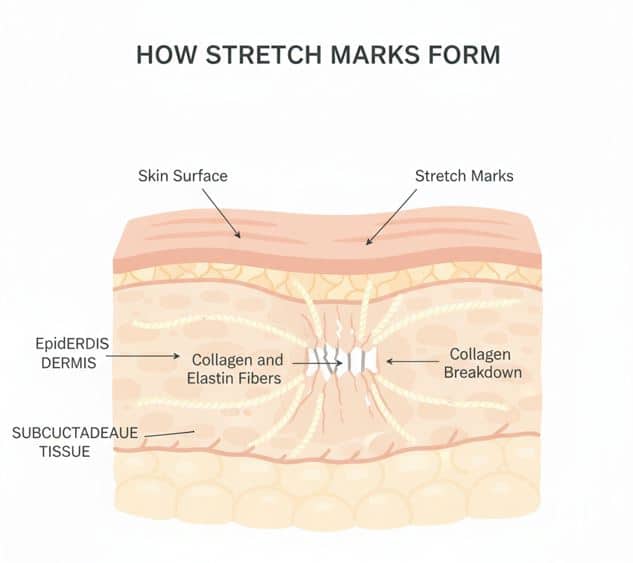 Infographic showing how stretch marks form on the skin.